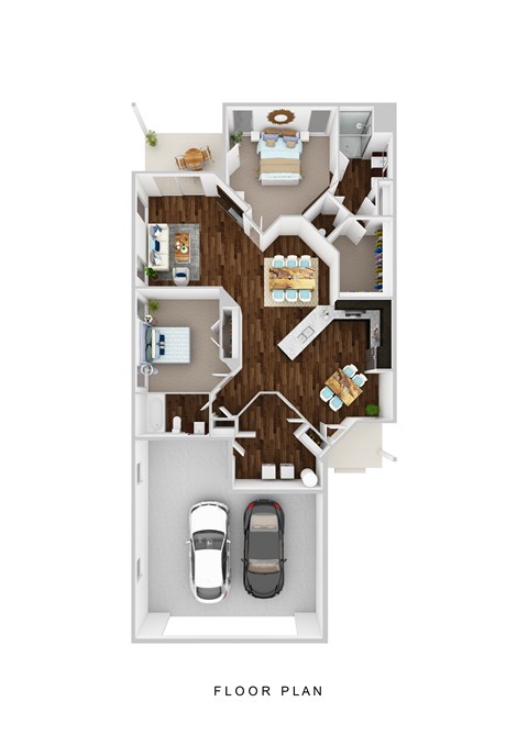 A floor plan of a house with a kitchen, living room, dining room, and two bedrooms.